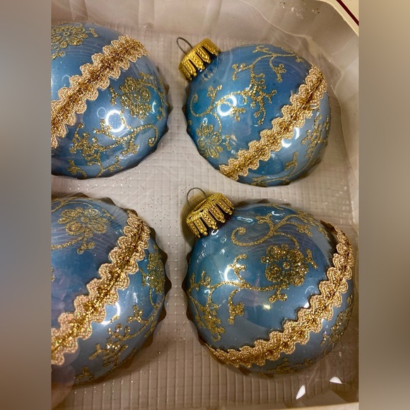 Christmas‎ by Krebs Christmas Ornaments Blue & Teal Glitter Flowers VTG - Picture 8 of 10
